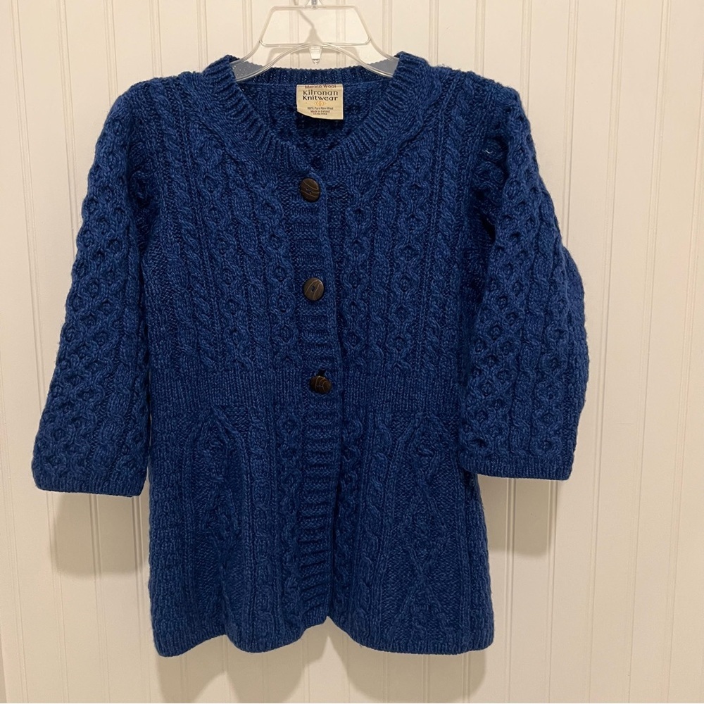 Kilronan Knitwear 100% Pure New Wool Blue Cable Knit Cardigan